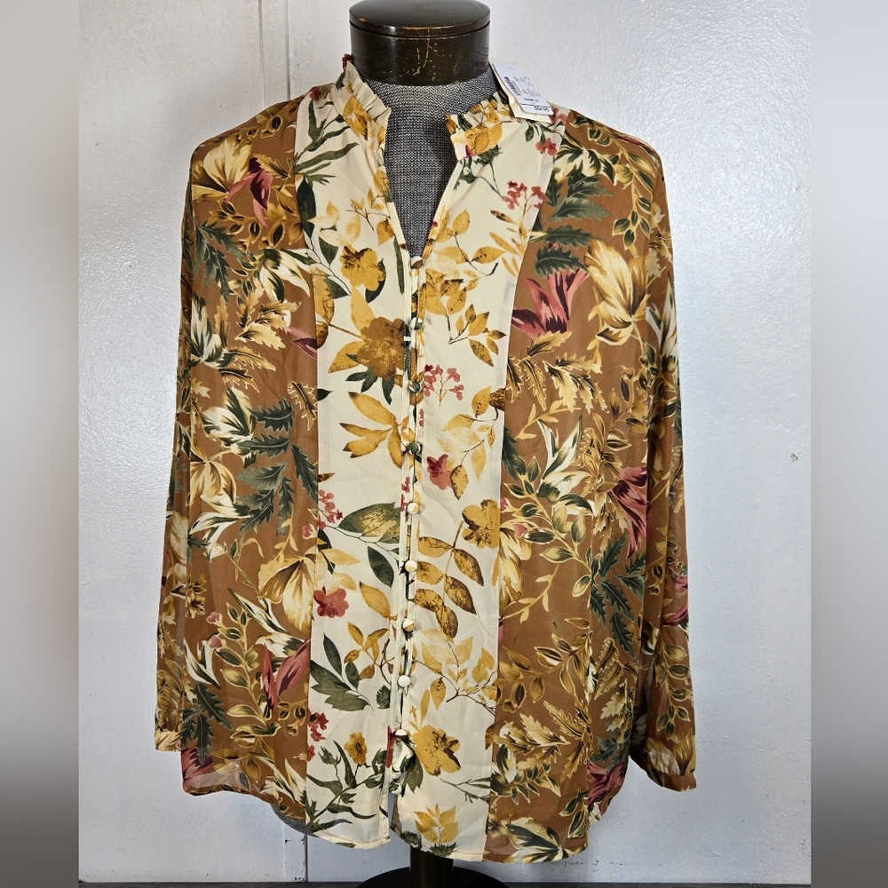 CJ Banks Floral‎ Blouse - Brown and Yellow